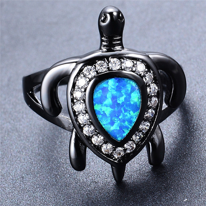 Blue Fire Diamond Turtle Opal Ring