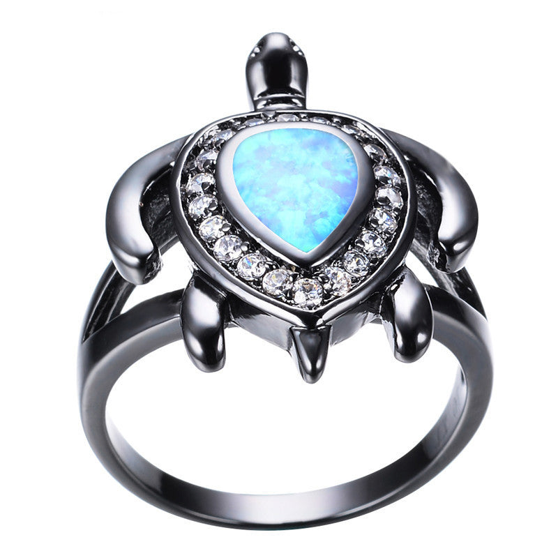 Blue Fire Diamond Turtle Opal Ring