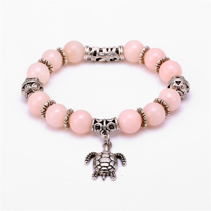 Sea Turtle Iridescent Bracelet Moonstone Beads Pink Ceramic 